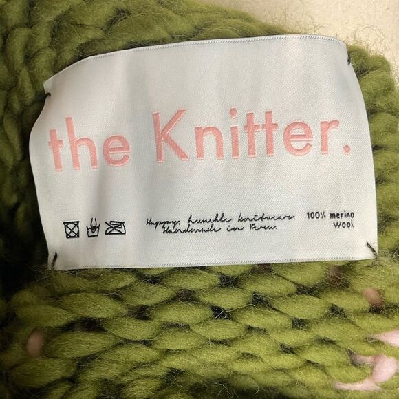 The Knitter. Green Pink Floral Chunky Knit Balloon Sleeve Mockneck Sweater - Picture 5 of 6